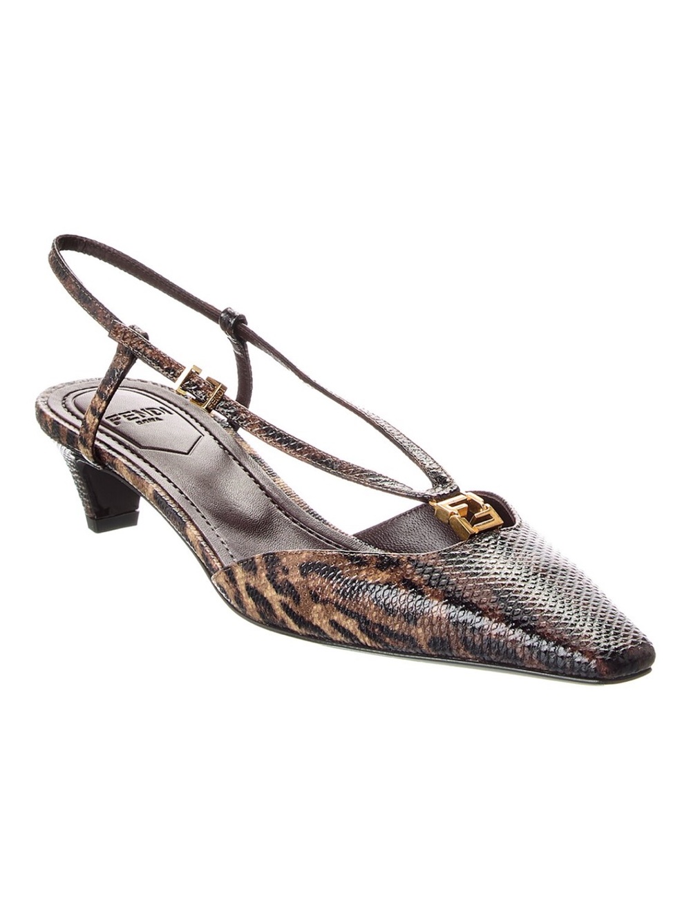 Fendi FFold Snakeskin Pointed Slingback Pump with Gold Logo Hardware